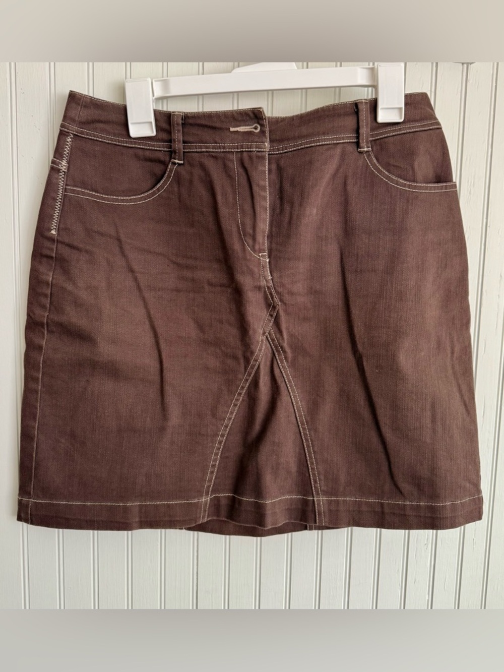 Boden Skirt Size 10 Brown Denim Mini Skirt with Contrast Stitching